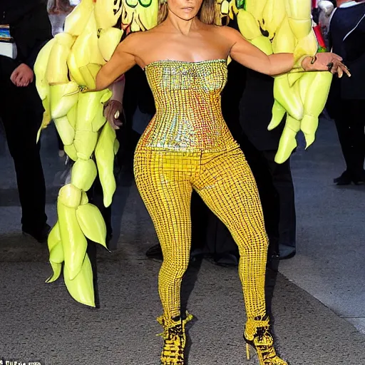 Image similar to full body photo of jennifer lopez, she is wearing a funny hallowen costume of corn on a cob