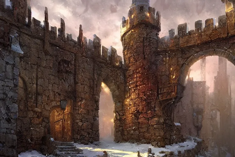Prompt: winterfell walls gate, lanscape, calm feeling, clouded, beautiful, by marc simonetti