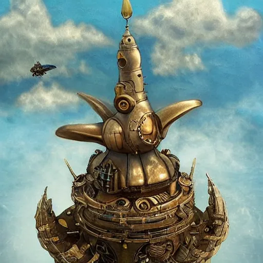 Image similar to flying city in a bronze lotus, sky, steampunk!!!, fantasy art, steampunk, masterpiece, octane