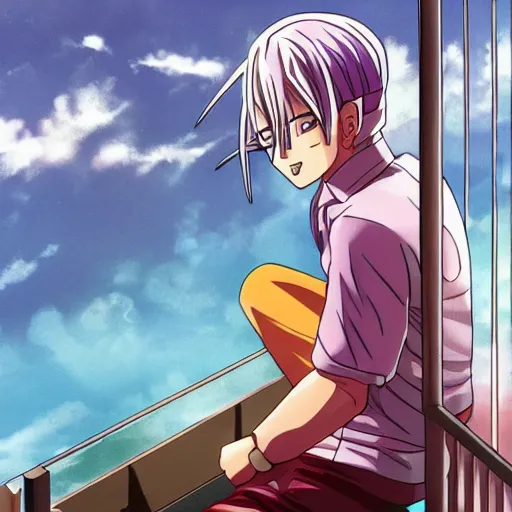 Prompt: trunks sitting on a balcony while listening to music, anime key visual, aesthetic, trending on artstation, 8 k