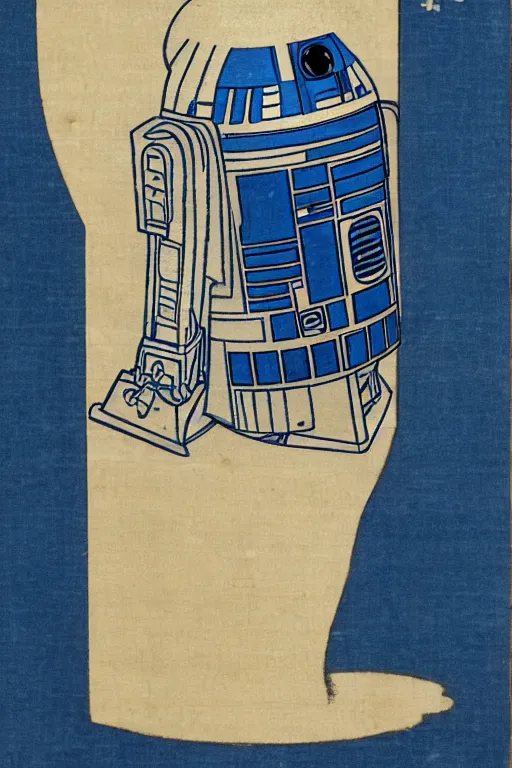 Image similar to Japanese woodblock print of r2d2, hokusai