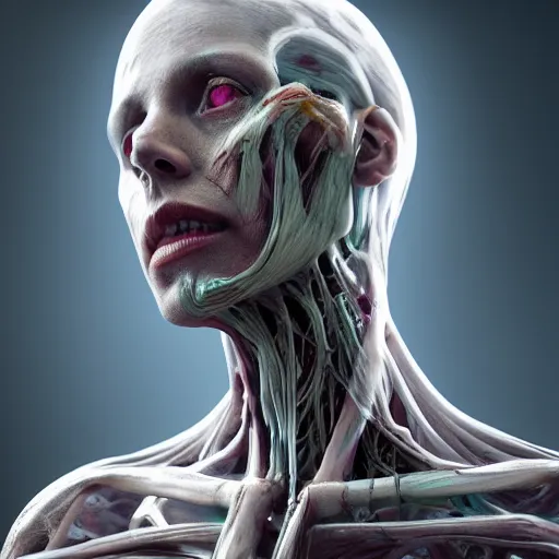 Image similar to a human - shaped anatomical model ghost covered in fluid silk, ethereal, veins and nerves, highly detailed, backlit, dark atmosphere, octane render, unreal engine, photorealist, procedural light