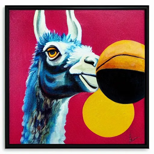 Image similar to “ abstract painting of a llama in a jersey dunking a basketball like michael jordan, shot from below, tilted frame, 3 5 °, dutch angle, extreme long shot, high detail, dramatic backlighting, indoors. in the background is a stadium full of people. ”