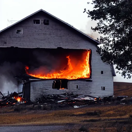 Prompt: a small barn engulfed in flames
