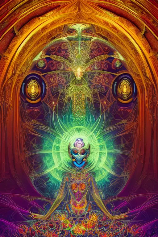 Image similar to a centered render of an alluring goddess wearing a psychedelic bio - mech mask is surrounded by a glorious sacred energy made from geometry and spiral mandel bulb fractals in a magnificent cathedral, powerful, cinematic, beautifully lit, by android jones, by amanda sage, by karol bak, 3 d, trending on artstation, octane render, 8 k