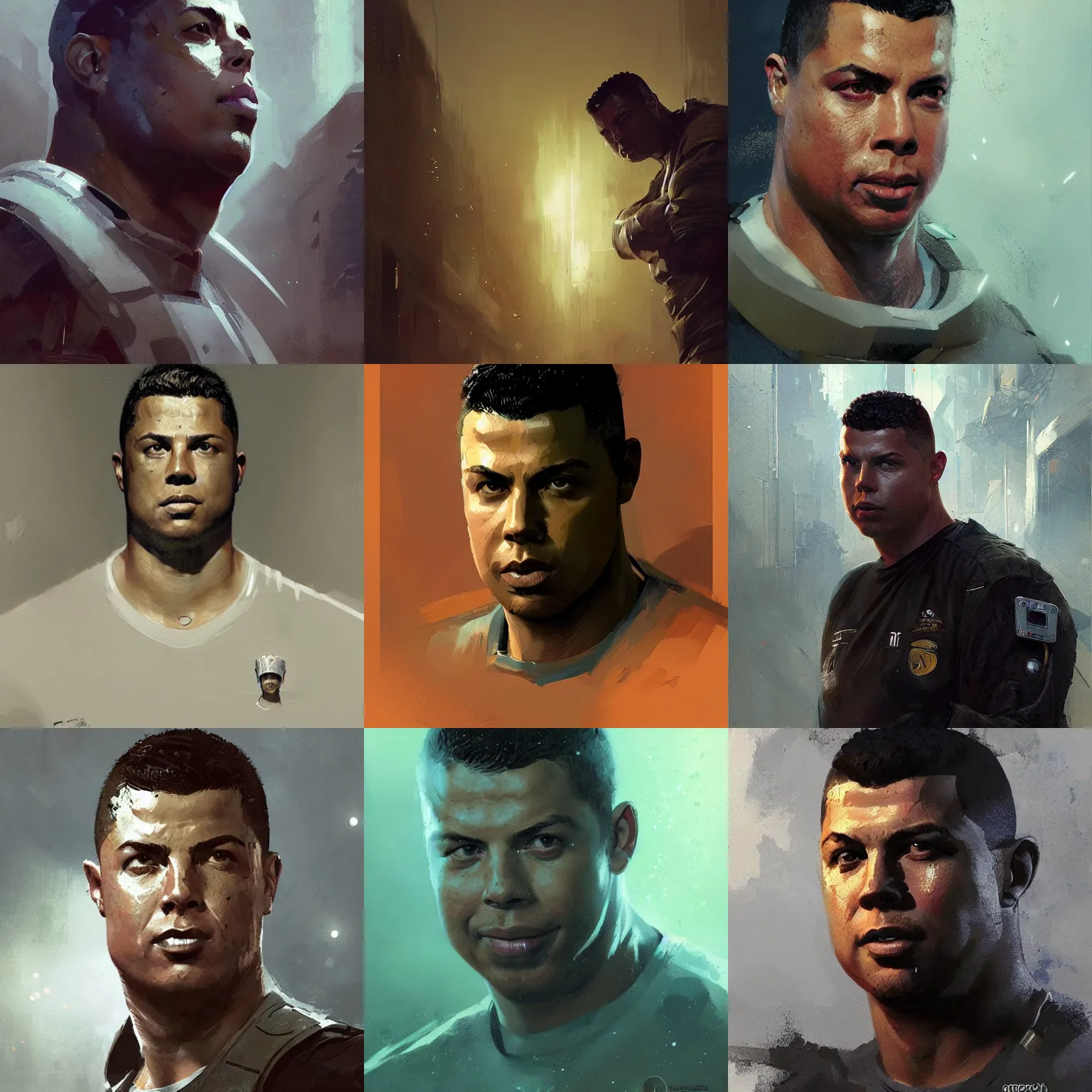 Prompt: ronaldo nazario, scifi character portrait by greg rutkowski, craig mullins, cinematic lighting, dystopian scifi gadgets