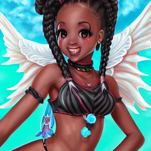 Prompt: Higly detailed painting of a Cute black anime girl with small waist and braids and big bright angle wings, very big smile, high detail teeth, ring of fire, symmetric, dragon skin background, highly detailed, digital art, 8k, trending on artstation