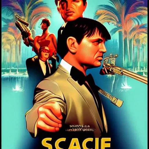 Prompt: scenes from the movie scarface as vintage poster art, fierce, intricate, elegant, volumetric lighting, sharp focus on scenery, digital painting, highly detailed, artstation, sharp focus, illustration byj scott campbell