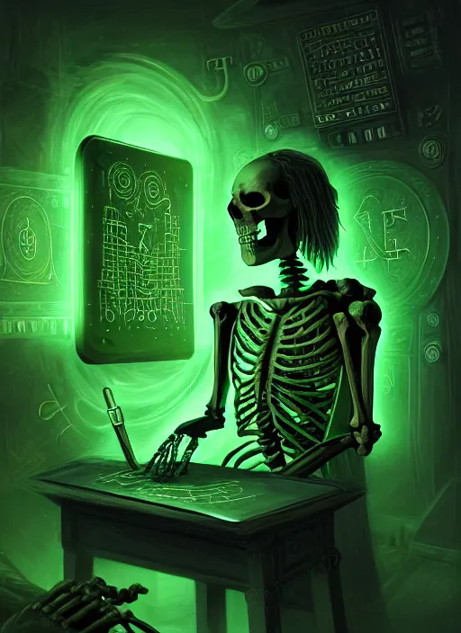 Prompt: portrait of ancient skeleton writing runes into personal computer with glowing green keys, runes, runic words, ancient evil letters, glowing green, intricate, elegant, glowing lights, highly detailed, digital painting, artstation, concept art, smooth, sharp focus, illustration, art by wlop, mars ravelo and greg rutkowski