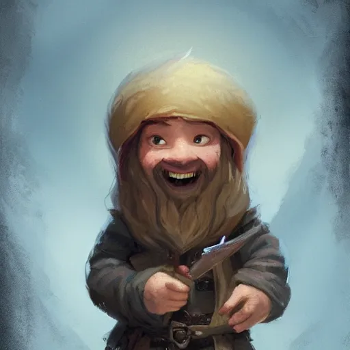 Prompt: Portrait of a young happy gnome with long hair called Eldon, who is a very young wizard that studied at the School of Abjuration, DnD, art by argerm and greg rutkowski, trending on artstation.