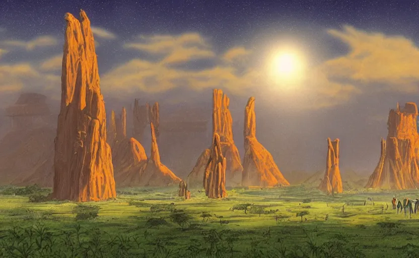 Image similar to a realistic cell - shaded studio ghibli concept art from paprika ( 2 0 0 6 ) of a cubic multi - colored rocketship from close encounters of the third kind ( 1 9 7 7 ) in a flooded monument valley stonehenge jungle jungle on a misty starry night. a camel caravan is in the foreground. very dull colors, portal, hd, 4 k, hq