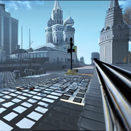 Prompt: mirror's edge in russia moscow, in game screenshot, with full hud with hands