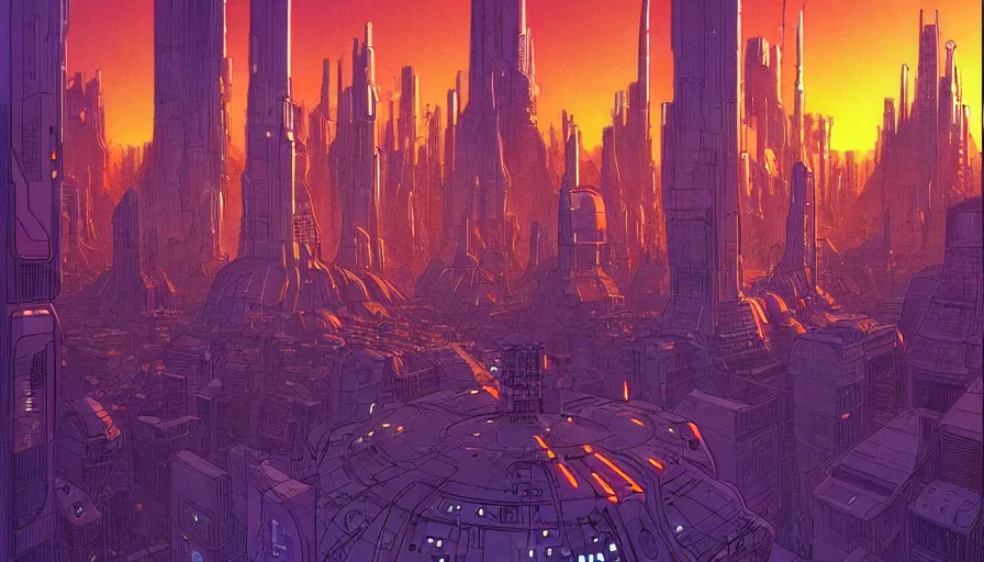 Prompt: the origine of cybertimes, metahumans and androids, fractals, cyberpunk city well, visual development by jean giraud and moebius, incal!!!!!!, dynamic lighting