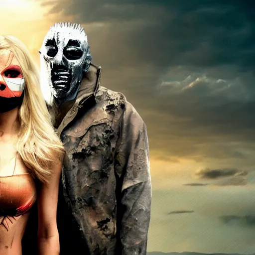 Prompt: a very huge, very big masked mutant man standing next to a small blonde woman. The mutant is huge very big very muscular. The woman is blonde and small, short. They are staring at the horizon where there are the ruins of a city, postapocalyptic, movie still