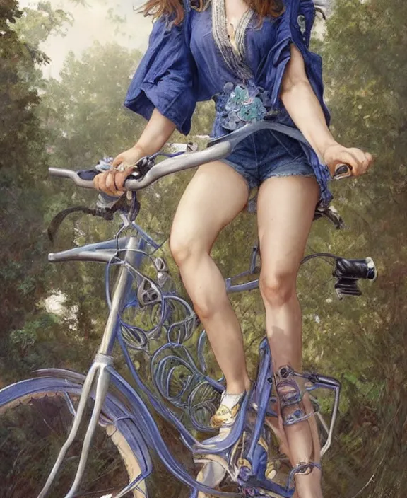 Image similar to portrait of barbara palvin in denim shorts riding a bicycle, full body, intricate, elegant, highly detailed, digital painting, artstation, concept art, art by artgerm and greg rutkowski and alphonse mucha