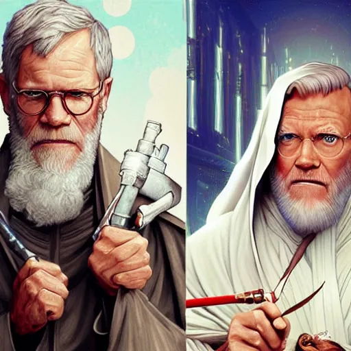 Image similar to david letterman as old obi wan kenobi, art by artgerm and greg rutkowski and charlie bowater and magali villeneuve and alphonse mucha