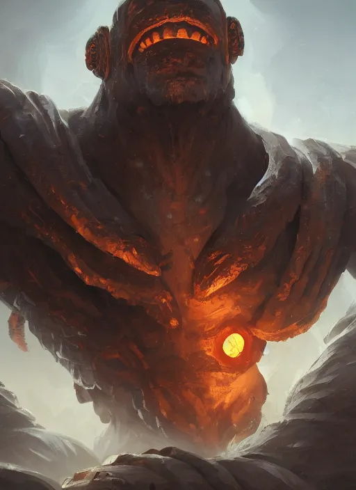 Prompt: a highly detailed illustration of worn down colossal bronze giant, with TWO big orange glowing iron giant eyes, gentle calm doting pose, intricate, elegant, highly detailed, centered, digital painting, artstation, concept art, smooth, sharp focus, league of legends concept art, WLOP