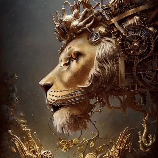 Image similar to a beautiful detailed 3 d matte portrait of a clockwork lion, by ellen jewett, by tomasz alen kopera, by justin gerard, ominous, magical realism, texture, intricate, skull, skeleton, gold coins, money, whirling smoke, alchemist bottles, radiant colors, fantasy, volumetric lighting, high details