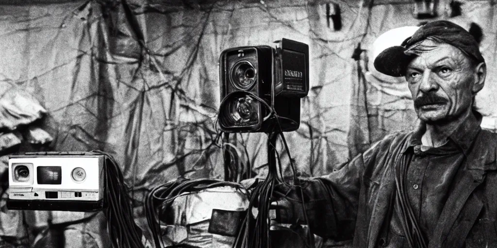 Image similar to detailed medium format photo, polaroid still from tarkovsky movie, a human trash panda character, holding a box of cables and standing next to old electronic equiptment, haze, high production value, intricate details, 8 k resolution, hyperrealistic, hdr, photorealistic, high definition, technicolor, award - winning photography, masterpiece, black and white