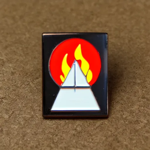 Prompt: a photo of a retro 1 9 6 0 s minimalistic plain fire flames warning label enamel pin, studio lighting, behance