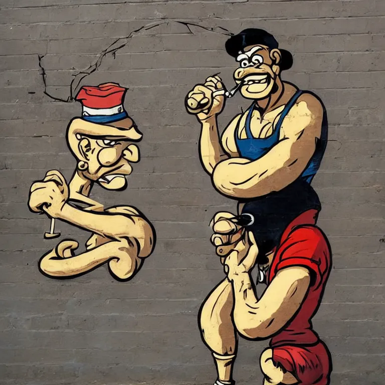 Prompt: Street-art portrait of Popeye the Sailor with huge forearms with two anchor tattoos, skinny upper arms, and corncob pipe. in style of Edward Hopper, comic character, photorealism