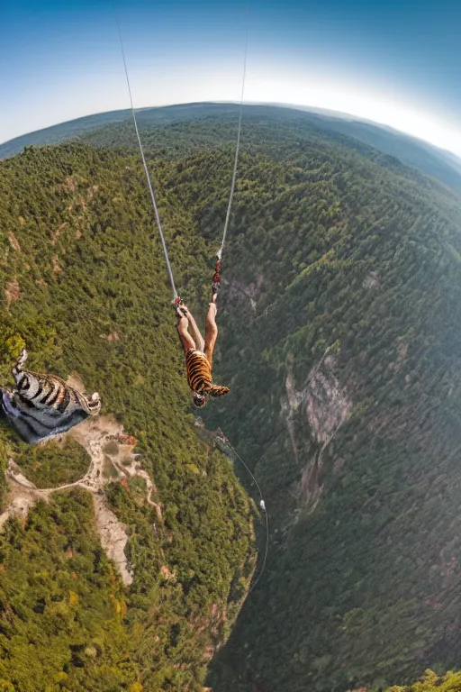 Image similar to bungee jump of a tiger flying with a large parachute jumping from a mountain cliff, wide angles lens