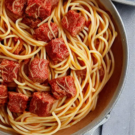 Image similar to spaghetti and meat cubes