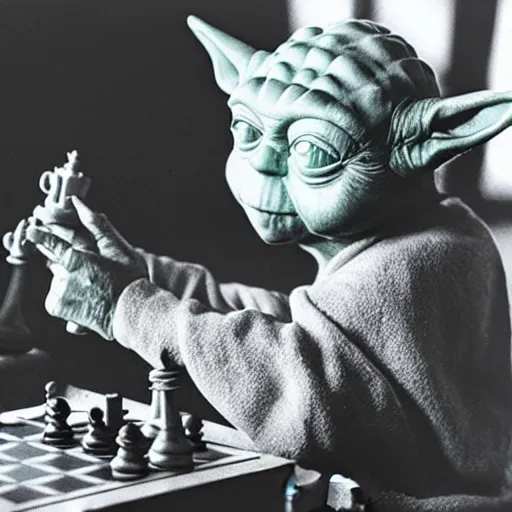 Prompt: photo of yoda playing chess