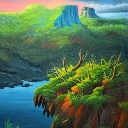 Image similar to painting of a lush natural scene on an alien planet by igor grabar. beautiful landscape. weird vegetation. cliffs and water.