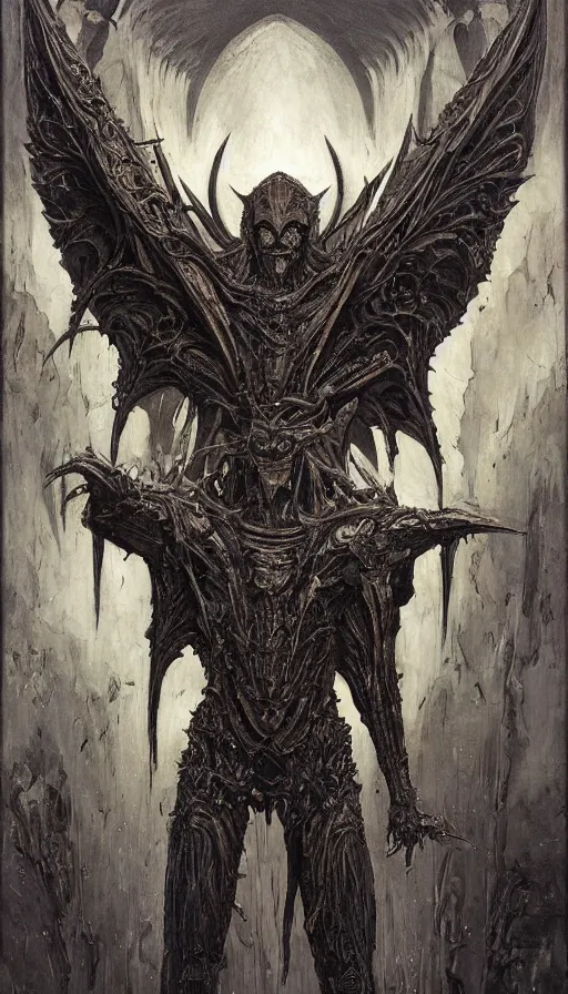 Prompt: Morningstar themed painting of symmetrical torso Satan's infernal armor anatomy with batlike wings and extended evil hands concept, intricate artwork by H.R. Giger, Johnatan Wayshak, Zdizslaw Beksinski, Ayami Kojima, Amano, Karol Bak, Moebius, and Mark Brooks, Neo-Gothic, gothic, rich deep colors, art by Takato Yamamoto, masterpiece, face by Artgerm, very coherent artwork, cinematic, hyper realism, high detail, octane render, unreal engine, 8k, High contrast, golden ratio, trending on cgsociety