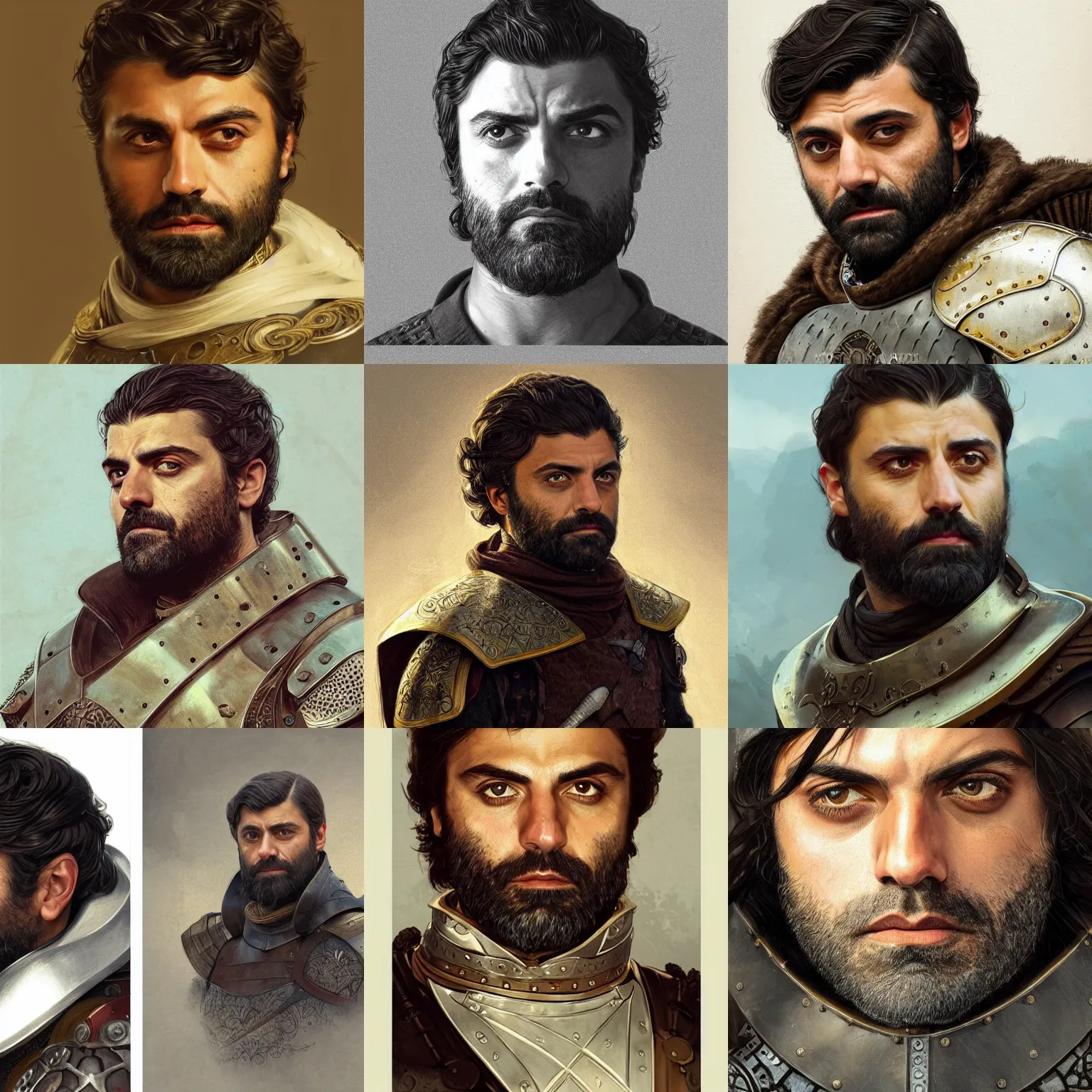 Prompt: portrait of bearded oscar isaac wearing medieval armor, elegant, intricate, headshot, D&D, fantasy, highly detailed, digital painting, artstation, concept art, sharp focus, illustration, art by artgerm and greg rutkowski and alphonse mucha