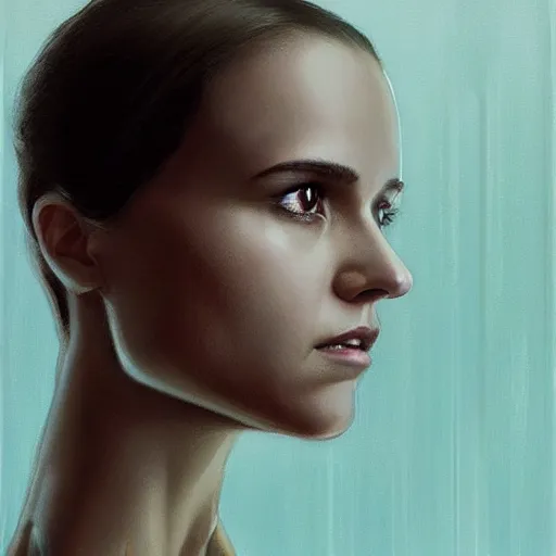 Image similar to Alicia Vikander in Ex Machina looking in the mirror, no noise, elegant, concept art, sharp focus, beautiful face!!, digital art, smooth defined outlines!!, by Brom, trending on Artstation, Tom Bagshaw, Sargent