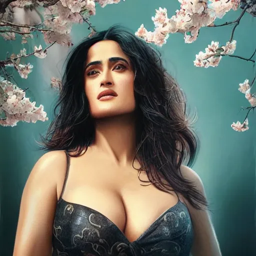 Image similar to portrait of salma hayek in the style of stefan kostic, realistic, body shot, sharp focus, 8 k high definition, insanely detailed, intricate, elegant, art by stanley lau and artgerm, cherry blossoms