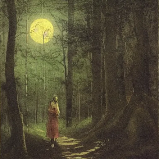Prompt: beautiful woman with her eyes closed, walking in the forest at night. full moon. folk horror. john sell cotman