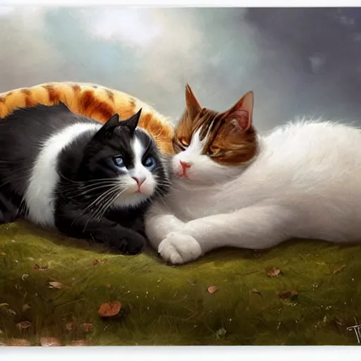 Prompt: a fat black and white male cat and a slim tortoiseshell female cat sleeping peacefully together in cat heaven, dreamy puffy clouds, painted by Tyler Edlin