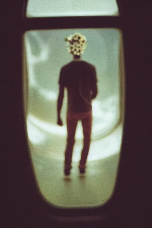 Prompt: kodak portra 1 6 0 photograph of a skinny guy standing in a spaceship, flower crown, back view, view of earth from window, moody lighting, moody vibe, telephoto, 9 0 s vibe, blurry background, tranquil, calm, faded!,