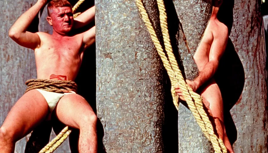 Image similar to 1 9 6 0 s movie still close - up of marcus atilius regulus tied with ropes at a pole with his wide open eyes looking at the burning sun, bleeding, cinestill 8 0 0 t 3 5 mm eastmancolor, high quality, heavy grain, high detail, texture, dramatic light, anamorphic, hyperrealistic, detailed hair