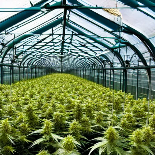 Prompt: sunny greenhouse of cannabis sativa flowers