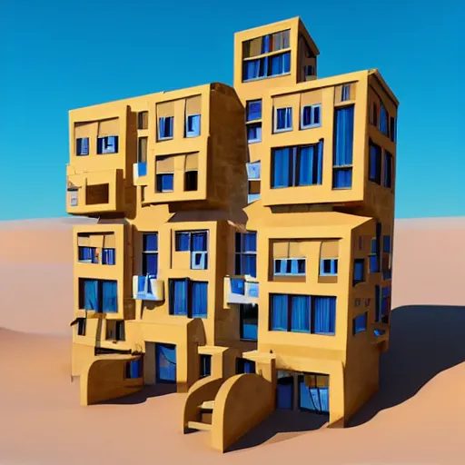 Image similar to big scale toy hotel in the dessert, 3 d cubism