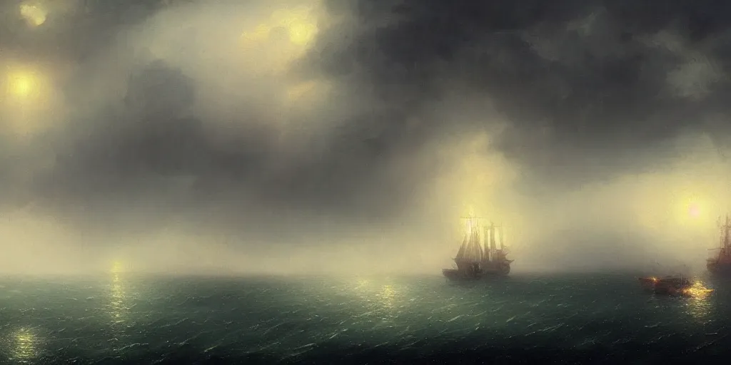 Prompt: A floating city, above an ocean, rainy, turmoil, storm, extremely detailed digital matte painting in the style of Ivan Aivazovsky