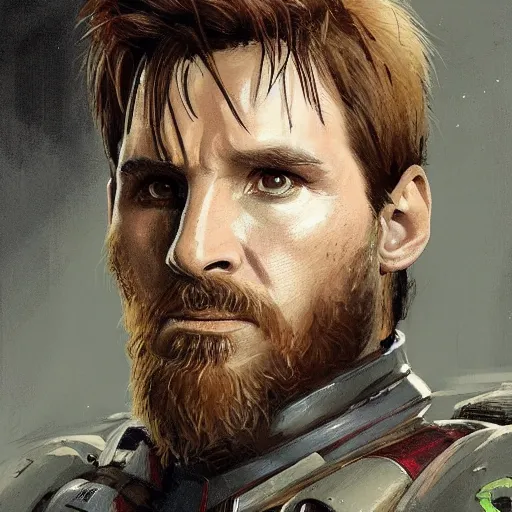 Image similar to portrait of lionel messi by greg rutkowski, space marine commander, messy blond hair, beard, tall and muscular, star wars expanded universe, he is about 3 0 years old, wearing a flying jacket, distrustful and arrogant, highly detailed portrait, digital painting, artstation, concept art, smooth, sharp foccus ilustration, artstation hq