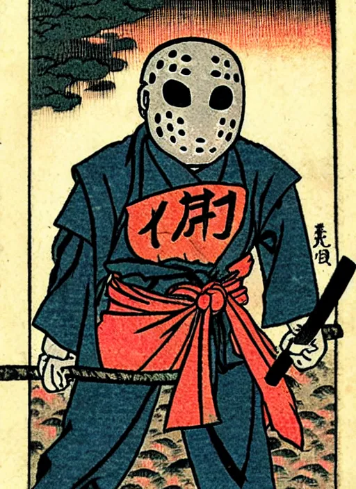 Image similar to jason voorhees as a yokai illustrated by kawanabe kyosai and toriyama sekien