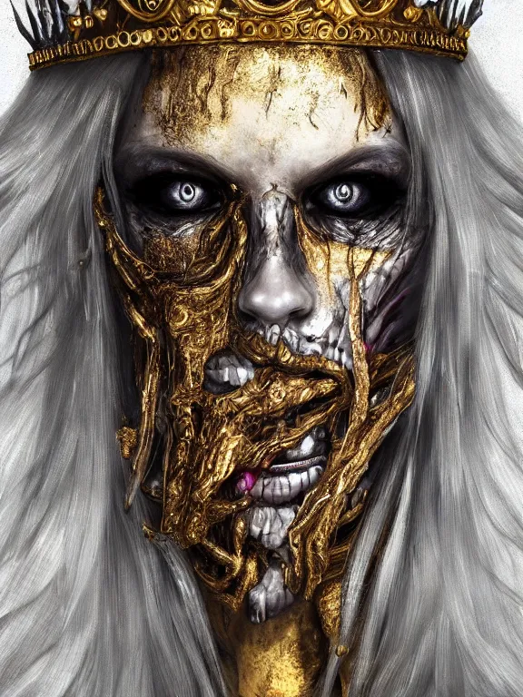 Image similar to portrait art of 8k ultra realistic undead witch queen,detailed gold crown, decaying, cybernetic, full of colour, cinematic lighting, battered, trending on artstation, 4k, hyperrealistic, focused, extreme details,unreal engine 5, cinematic, masterpiece, art by ayami kojima, giger