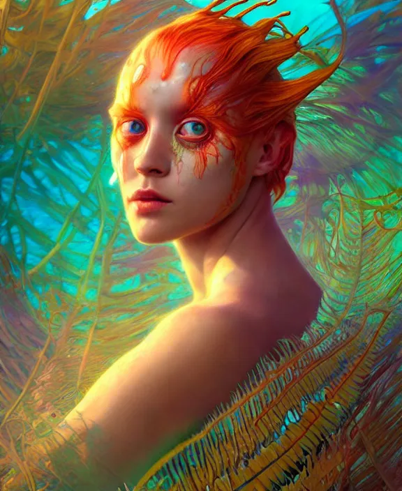 Image similar to filigreed colorful transparent portrait of a terrifying beautiful alien sea creature, fronds, mottled coloring, adorable, childlike, horror environment, ultra realistic, concept art, art nouveau, photorealistic, octane render, 8 k, unreal engine. art by christopher marley and artgerm and greg rutkowski and alphonse mucha