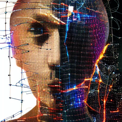 Image similar to woman cyborg, led display on forehead, wires, glitched, pixel sorting, mimmo rotella, alan bean, john chamberlain, peter kemp