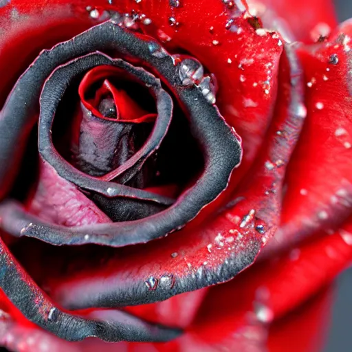 Prompt: a higly detailed close - up photograph of a black rose with blood dripping from it's petals, sigma 7 5 mm, high dof, studio lighting, dramatic light, masterpiece, artstation, 4 k, 8 k, zbrush