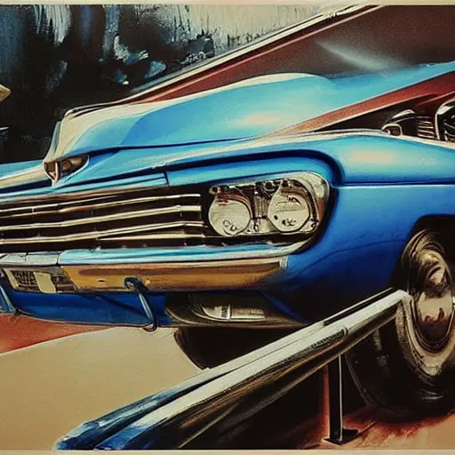 Prompt: detailed details photorealistic pictures of classic car garage in the style of bob peak and alex ross, gouache and wash paints color, detailed details facial and body and human environments and background and foreground proportionate, detailed 5 k details, detailed string text.