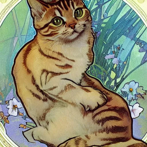 Image similar to a cute tabby cat sitting in a garden, beautiful illustration by alginate alphonse mucha