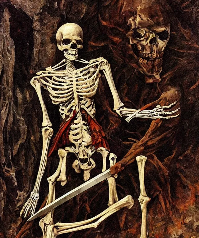 Prompt: ultra realistic color portrait painting of an skeletal 1 7 th century pirate with a sword in a grotto, dark, painted, brooding, atmospheric, seascape, lovecraft, horror, smooth, epic, highly detailed, cinematic, by angus mcbride