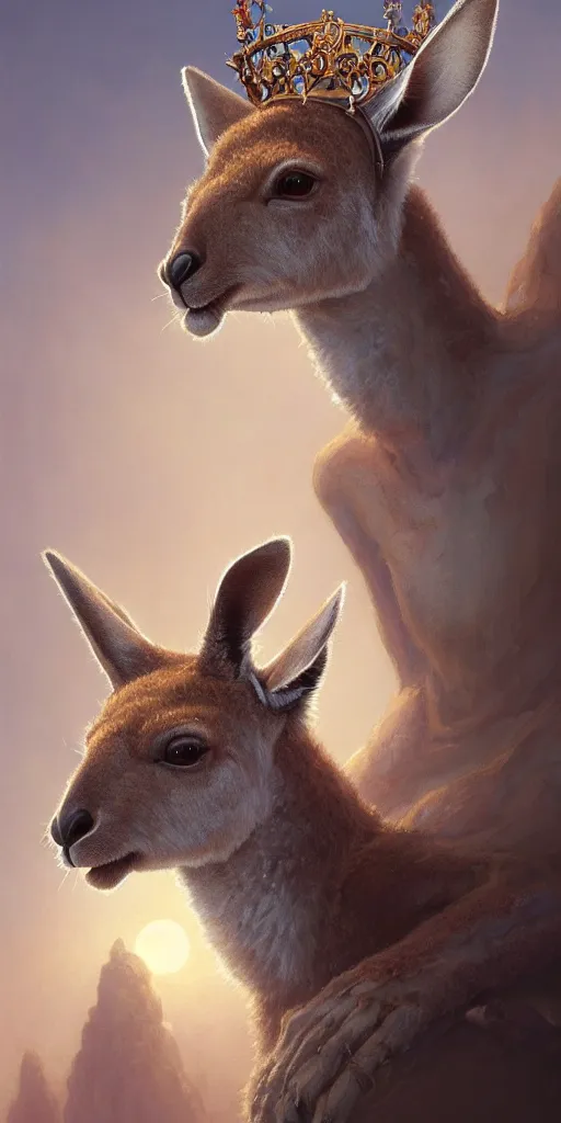 Image similar to Highly detailed portrait of a Kangaroo wearing a Crown, Stephen Bliss, unreal engine, fantasy art by Greg Rutkowski, Loish, Rhads, ferdinand knab, Makoto Shinkai and Lois van baarle, ilya kuvshinov, rossdraws, Tom Bagshaw, alphonse mucha, global illumination, radiant light, detailed and intricate environment